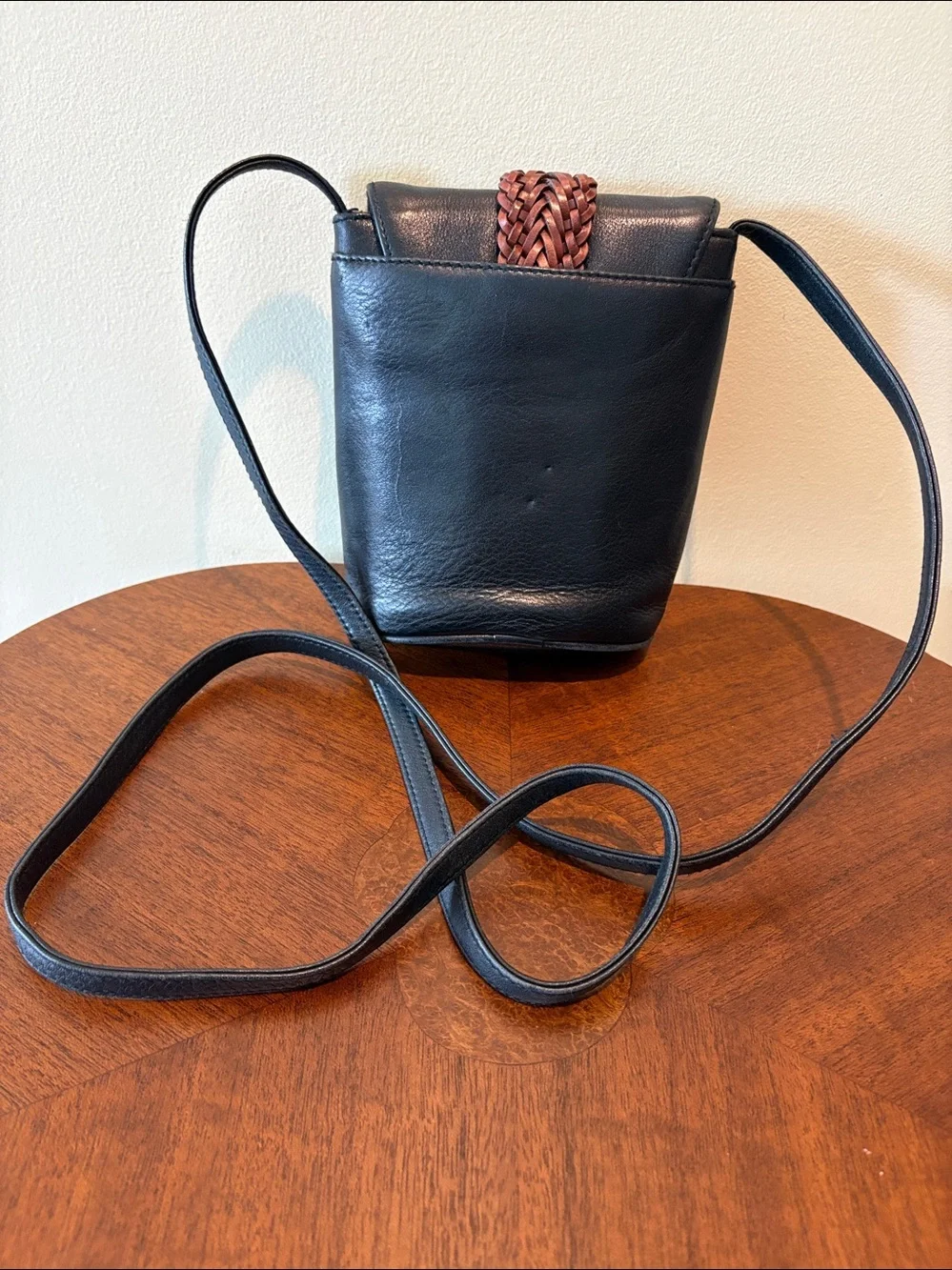 Brighton  Crossbody phone Bag /Leather black Brown Braided Strap /Silvertone det